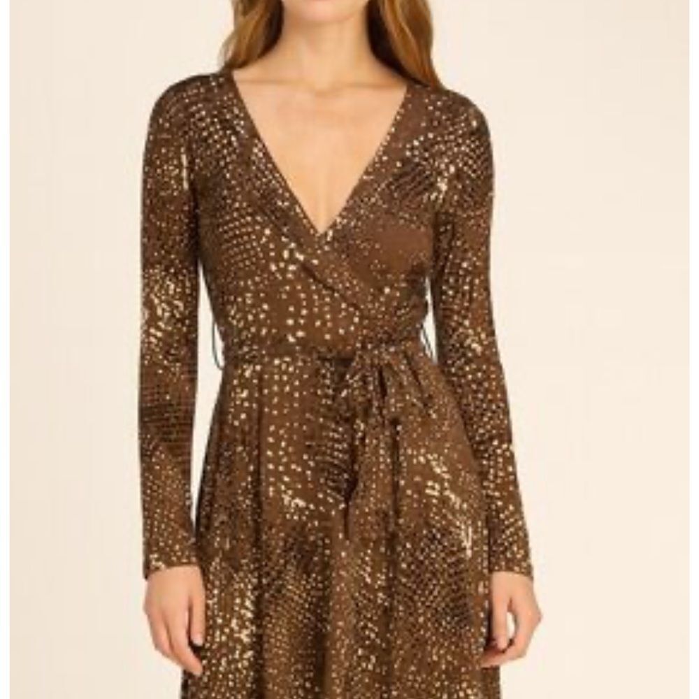 CAbi Brown White Dotted Long Sleeve Knit Belted Midi Dress Size Small